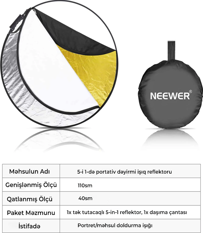 NEEWER 5-i 1-də 110 sm Qatlana Bilən Dairəvi İşıq Reflektoru Tutuş Hissəli