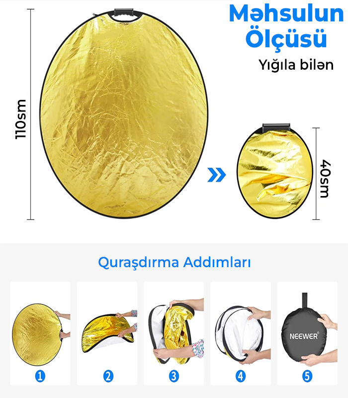 NEEWER 5-i 1-də 110 sm Qatlana Bilən Dairəvi İşıq Reflektoru Tutuş Hissəli
