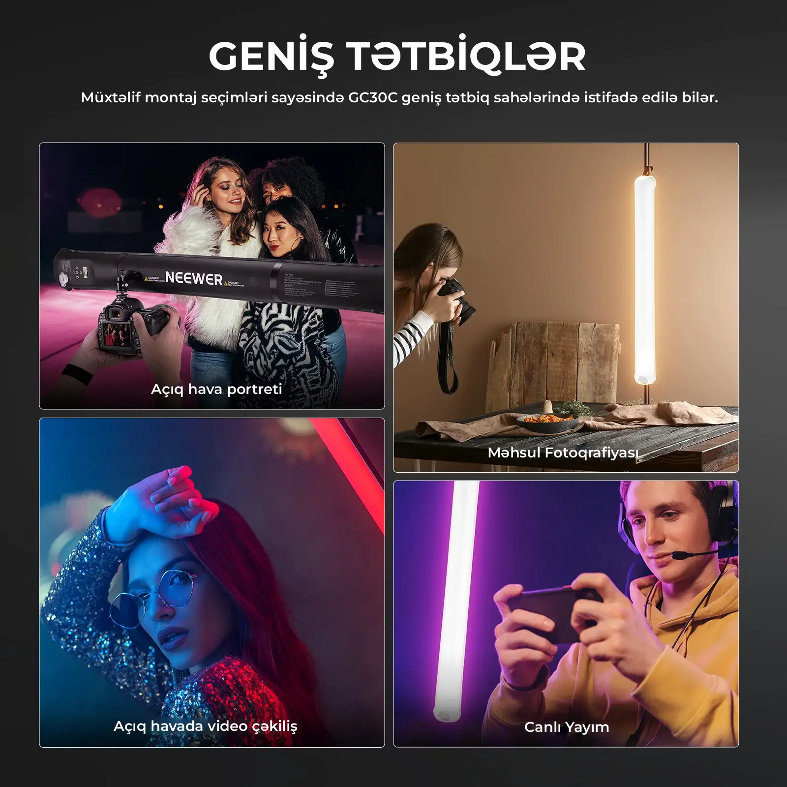 NEEWER GC30C 30W RGB əl ilə tutulan şar formalı LED boru işıq
