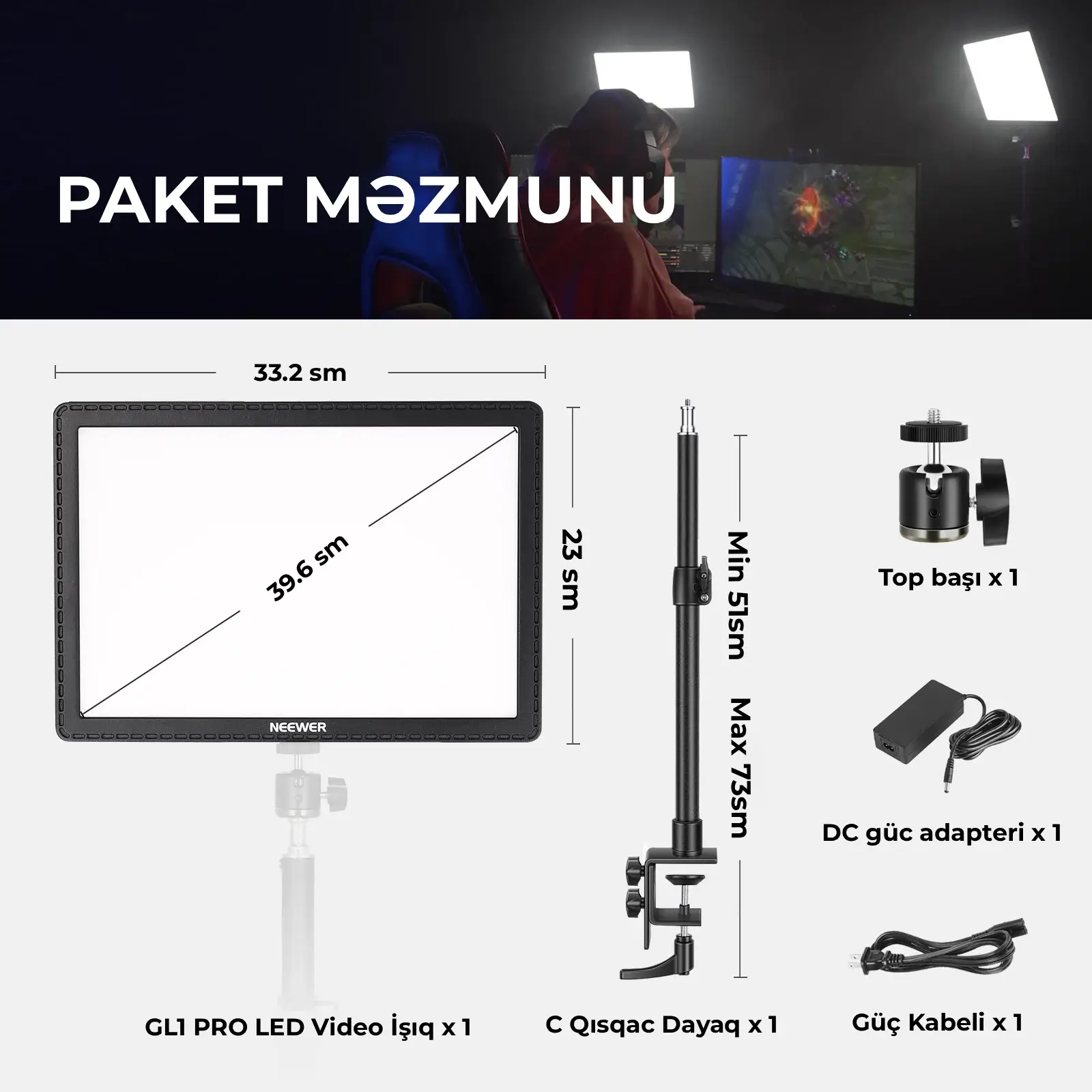 Neewer GL1 PRO 15.5" Stream üçün Key Light İşığı